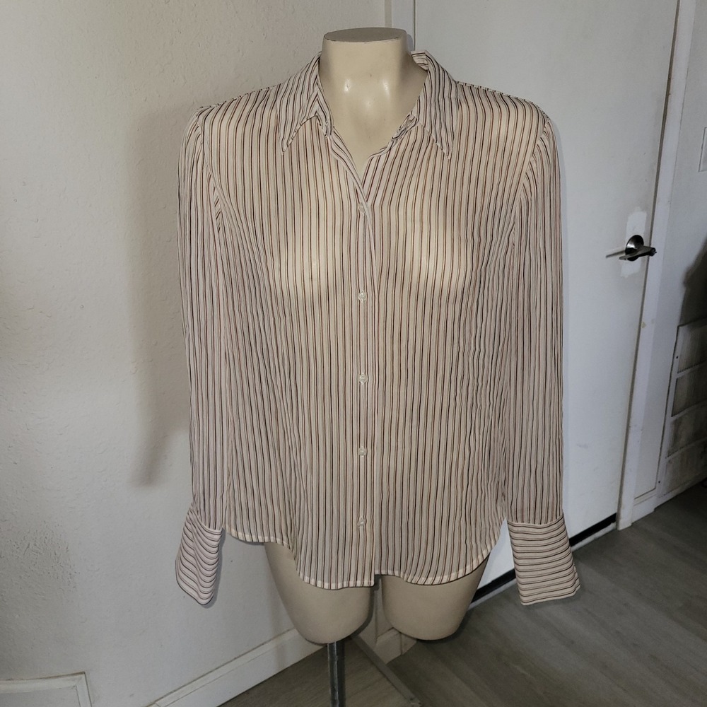 Jones New York Sheer Striped‎ Long Sleeve Beige Blouse 10 Officecore Career Work